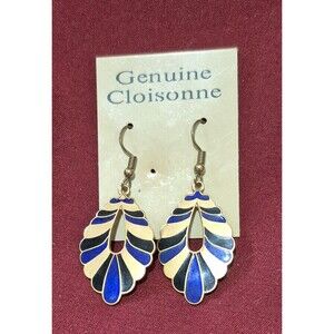 Vintage Cloisonne Earrings Blue Gold Black Enamel Gold Tone Pierced Ear EUC